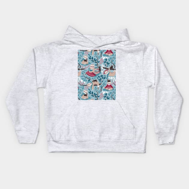 Hygge sloth // pattern // pale blue and red Kids Hoodie by SelmaCardoso